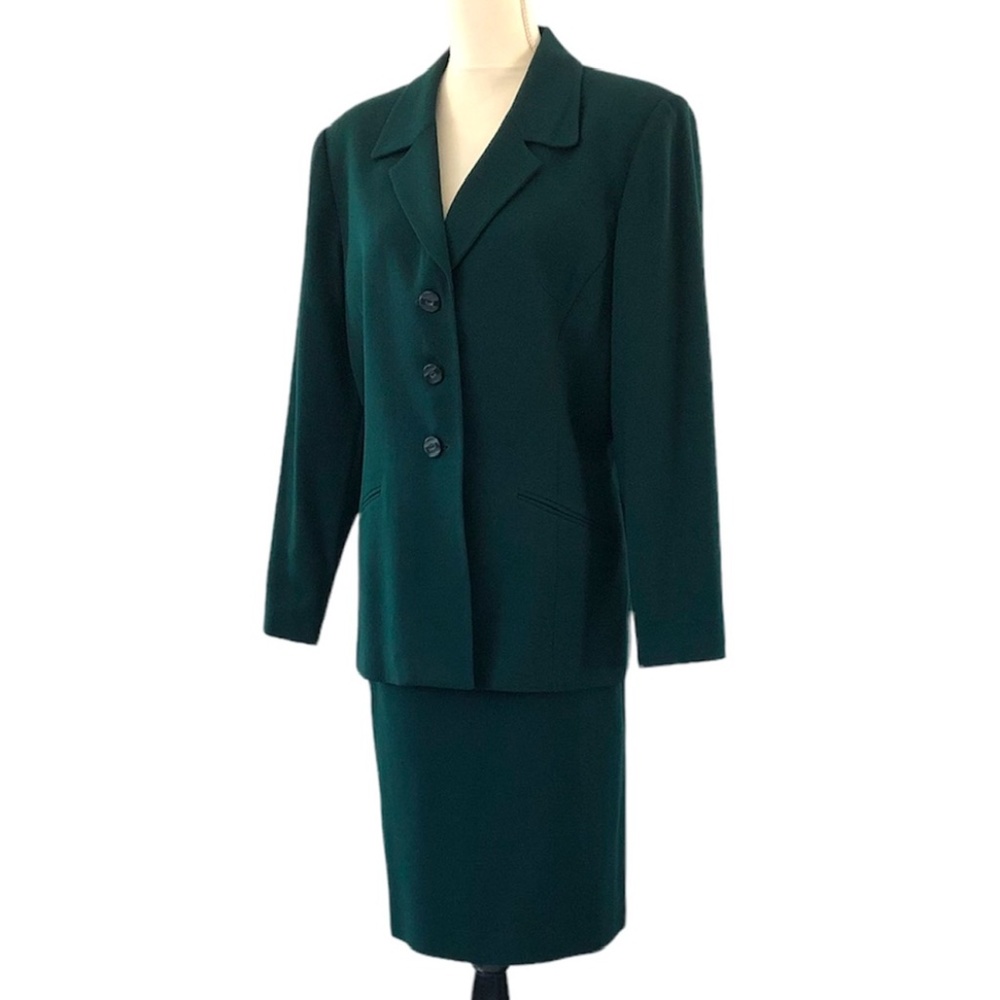 Kasper Vintage Y2K Green Long Sleeve Wool Skirt Suit Size 14